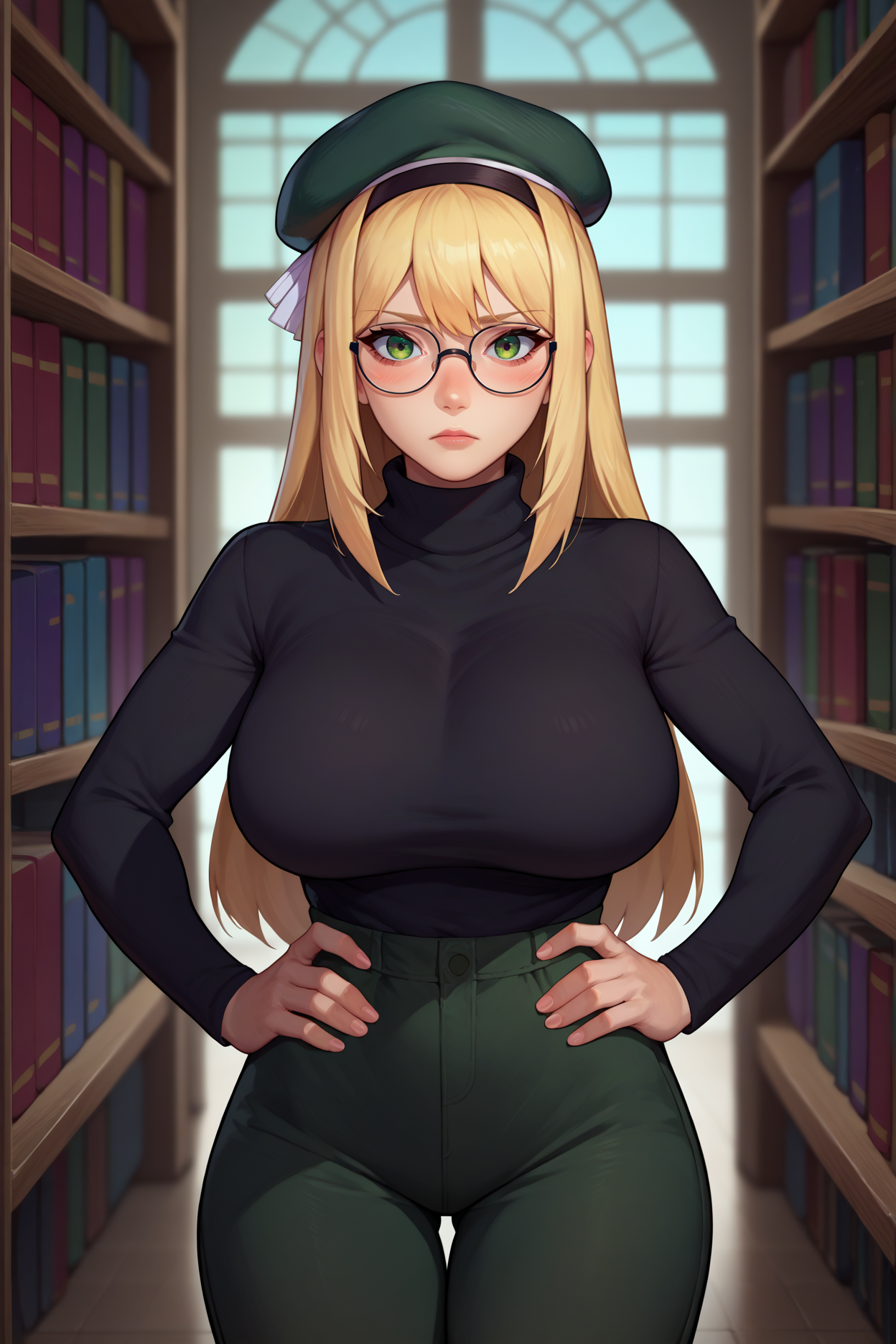 score_9, score_8_up, score_7_up, score_6_up, source_anime, 1girl, solo, <lora:m1garand-pdxl-nvwls-v1-000005:1> gflm1, blonde hair, long hair, green eyes, beret, black hairband, black sweater, turtleneck, green pants, looking at you, big breasts, hands on hips, library, glasses, blush