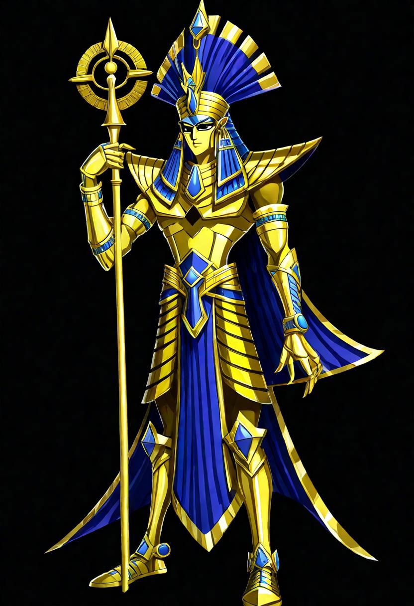 ncrender of yami yugi as an Egyptian pharaoh with golden armor,simple background,black background
