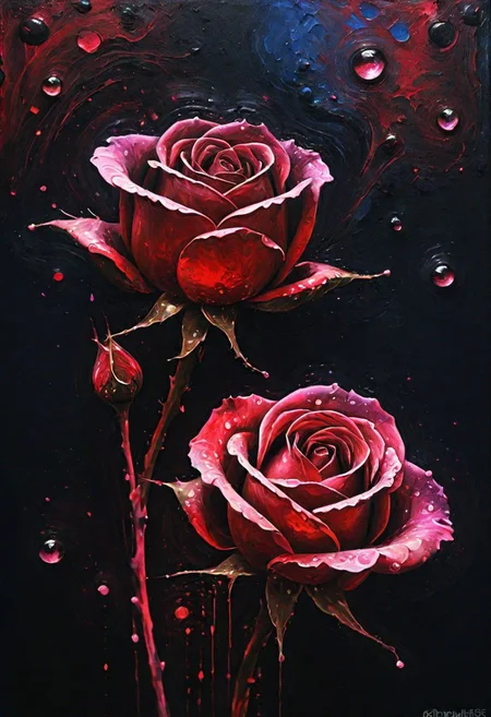 (Impressionism: 1.5), (abstract acrylic painting), macro photo, sparkling magical fantasy glass rose dewdrop, very detailed, amazing quality, intricate, cinematic light, highly detail, beautiful, surreal, dramatic, galaxy fantasy colors, realism, modern art, abstraction, absurdity, acrylic painting on canvas, (silhouette in strokes: 1.6)