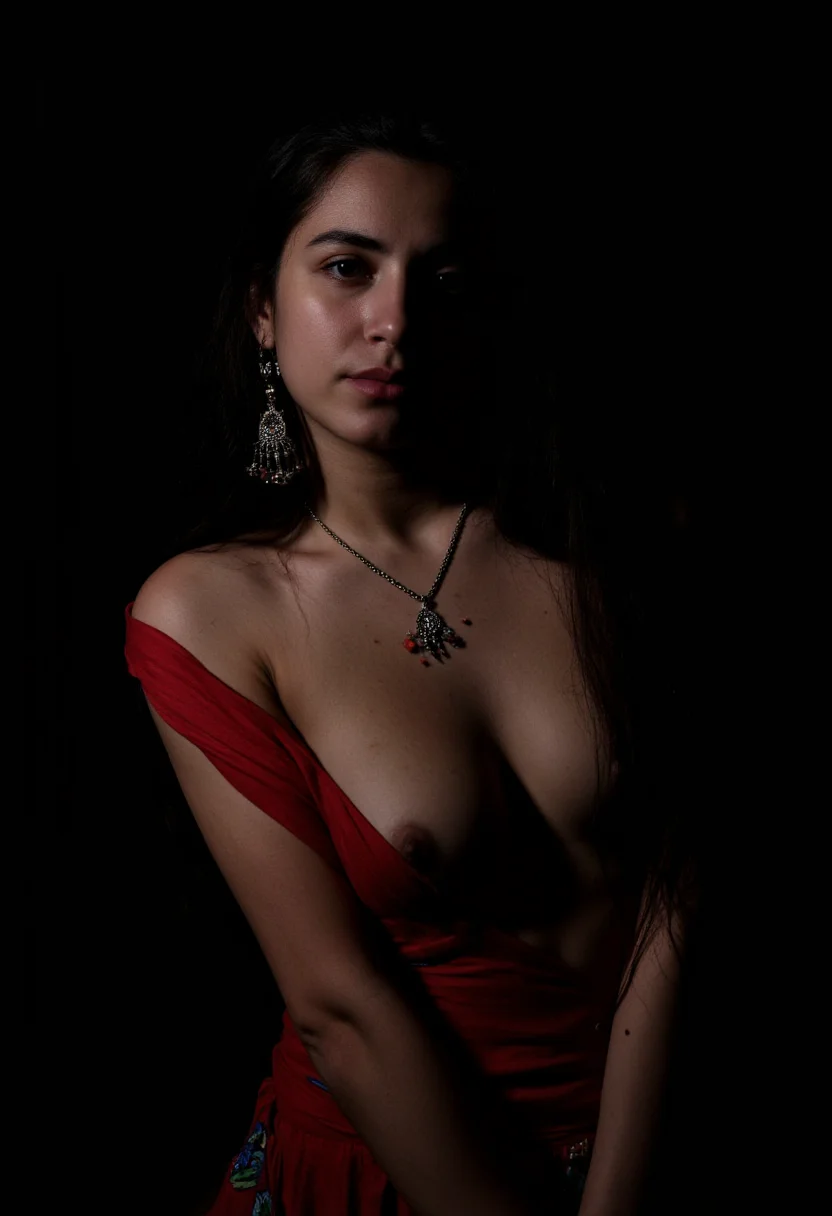A beautiful half body photo of an ethnic Berber woman with intricate light shadow play and dark background. Traditional outfit and jewelry in a casual pose.
Skin details, Skin pores, skin blemished and small wrinkles, emotional, chiaroscuro, low-key.
Art by Guy Ritchie, David Fincher, Mat Collishaw, Pam Hawkes, Jan Saudek, Alex Howitt.