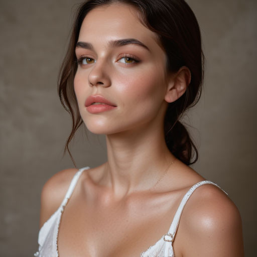 with a slight wave and a natural, delicate bow at the center, with her lips slightly parted and her eyes gazing directly at the camera., and a slender physique. She has medium-length, short, youthful look. She has a light dusting of makeup, cushioned surface, and long