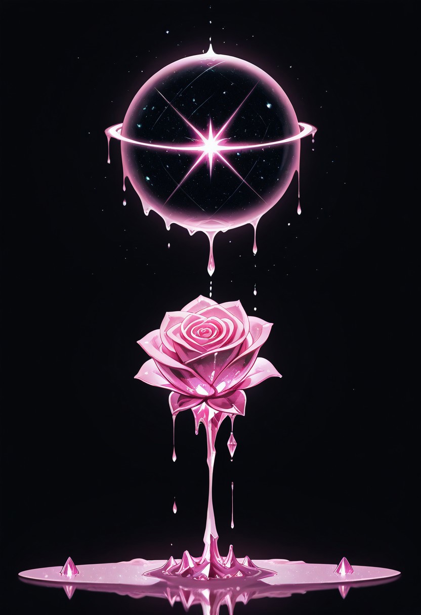 (masterpiece), best quality, Anime, Illustration, (Floating Sphere, Crystal, Magic, Reflection, Melting, Dripping, Pink Rose), Black Background, No Humans, Starry Theme, (Light Refraction), White and Pink Theme, Natural Lighting, symphtia-style