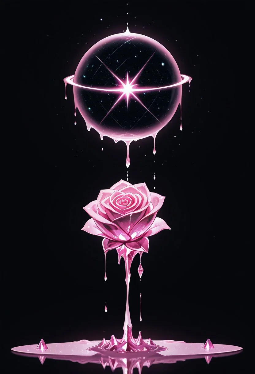 (masterpiece), best quality, Anime, Illustration, (Floating Sphere, Crystal, Magic, Reflection, Melting, Dripping, Pink Rose), Black Background, No Humans, Starry Theme, (Light Refraction), White and Pink Theme, Natural Lighting, symphtia-style