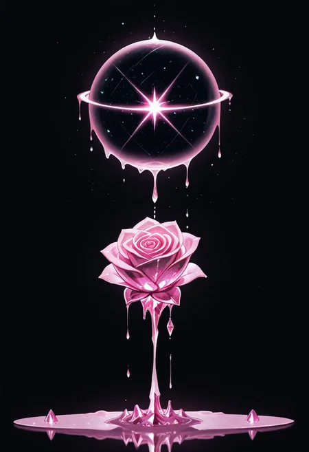 (masterpiece), best quality, Anime, Illustration, (Floating Sphere, Crystal, Magic, Reflection, Melting, Dripping, Pink Rose), Black Background, No Humans, Starry Theme, (Light Refraction), White and Pink Theme, Natural Lighting, symphtia-style
