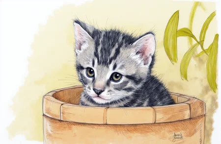 Sharp image of a rough sketch, rendered in vibrant multi colour ballpoint pen, capturing the adorable features of a close-up of a small kitten sitting inside a woven basket. The kitten is gray and black striped and is looking directly at the camera with a curious expression. Its fur is soft and fluffy, and its eyes are wide open, giving it an alert and inquisitive look. The basket is made of light-colored wood and has a woven texture. The background is blurred, but it appears to be a natural setting with a plant visible in the top right corner. p3nsk, <lora:p3nsk:1>