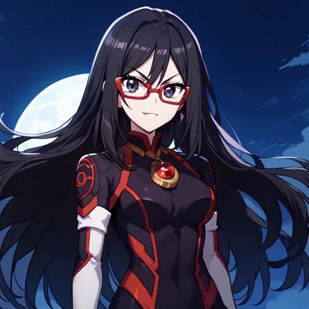 <lora:ProAnime_PDXL_v1:1>, score_9, score_8_up, score_7_up, score_6_up, 1girl, solo, shutaura sequenzia, long hair, black hair, black eyes, hair between eyes, anime screencap,
gloves, jewelry, earrings, glasses, elbow gloves, white gloves, bodysuit, night, moon, full moon, amulet,
 looking at viewer, smirk, character design, OC, cowboy shot