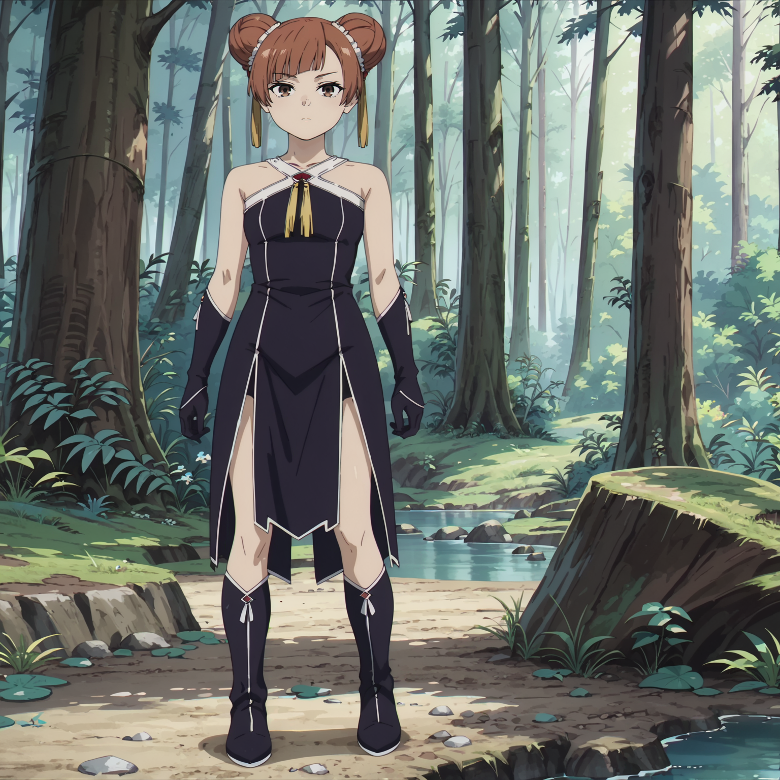 <lora:LaufenXL004>,<lora:DetailedEyes_V3:1.6>,looking at viewer,
solo,
anime screencap,
score_9,score_8_up,
Laufen,1girl,brown hair,short hair,double bun,brown eyes,yellow hairornament,
black dress,bare shoulders,
gloves,
pelvic curtain,
boots,
full body,standing,
nature,sunbeams,forest,