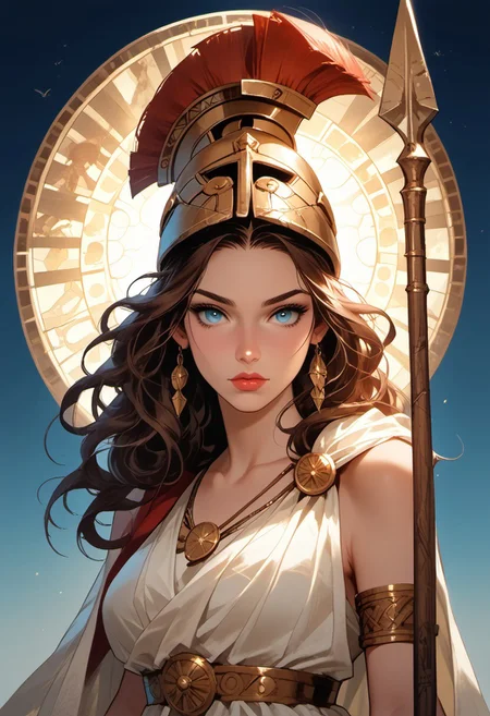 Stable_Yogis_PDXL_Positives, (score_9, score_8_up, score_7_up), ((Greek mythology style)), ((face focus, eye focus, dynamic angle, motion)), 1girl, solo, fantasy, (greek_athena, helmet ontop of head, brown hair, long hair, toga, armor, sandals), (ancient greek clothes), (armor), (holding spear), lace, cape, breathless intimacy, tanned skin, petite model bombshell, heart, young, delicate features, narrow pointy nose, tiny nose, lust, big eyes, seductive eyes, blue eyes, detailed skin, flared lashes, mascara, makeup, perky huge breasts, athletic body, narrow waist, skinny hips,
warm light, detailed, neon dark party
BREAK
milky way, runes, arcane, astral, surreal, ethereal glow, masterpiece, best quality, intricate design. colorful, moonlit nightsky, stained glass aesthetic, moody whimsical color palette, murano glass, bold soldering lines, volumetric light shining through, crepuscular rays, intricate craftsmanship, detailed texture, luminous transparency, reflective light play, vivid hues, atmospheric depth, enchanting silhouette, art nouveau,