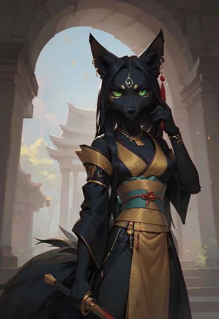 score_9, score_8_up, score_7_up, (1girl), solo Black furry fox green eyes, dressed in a white and black men's kimono. The fur on the ears and tail is yellow (gold) at the very end. He stands with a staff in a fighting stance. a calm expression on his face. an abandoned Japanese temple. A bright day . Front flare lighting