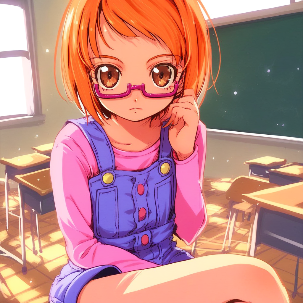 score_9, solo, ako_s, glasses, short hair, orange hair, brown eyes, overalls, pink-framed eyewear, sitting, classroom, crossed legs, looking at viewer