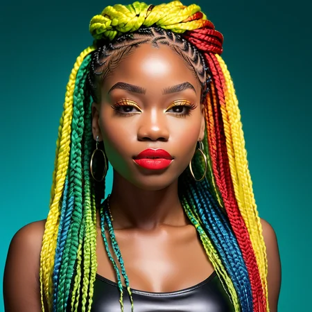 score_9, score_8_up, score_7_up, score_6_up, score_5_up, score_4_up, 1girl, solo, 40 years old, beautiful woman, mature woman, beautiful face and eyes, sexy lips, (multicolor box braids, yellow blue red and green braids, micro box braids, knotless braids), neon background, lipstick and eyeshadow, realistic, latex gloves, latex boots, cute, black woman, dark skin, high angle, full body, high detail, cute, edgy<lora:Pony_XL_Colorful_Box_Braids-000006> <lora:lukethighwalkerneonponyv6>