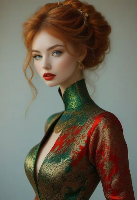 bellissima, 30 years old female as goddess of fire (slender, athletic), skin tight Green-red intricate brocade gown with a deep cleavage, golden bangles, a lot of loose golden anklets, (extreme intricate high heels), looking at viewer, open mouth, blue eyes, ginger long bun hair, teeth, lips, long black eyelashes, realistic, small nose, vibrant colors, erotic dynamic pose, full body view, RAW Photo, fashion magazine shot,
