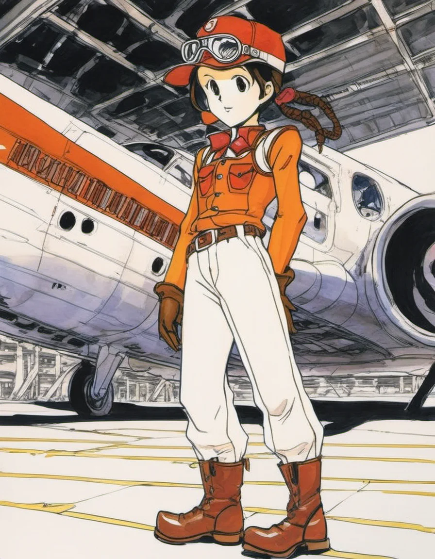 ((pen and ink drawing,manga,style of satoshi kon)), a woman, neneh,goggles,cap,braids,goggles on head,orange vest,white shirt,long sleeves,orange pants,boots,gloves,looking at viewer,full body,happy, in aircraft hangar  <lora:NenehXL1:0.8>