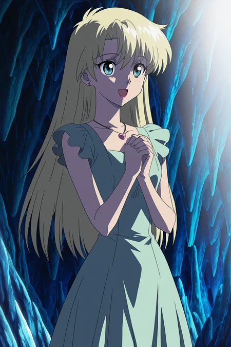 anime screencap, anime coloring, detailed face, masterpiece, best quality, very aesthetic, absurdres, volumetric lighting, official style, amazing quality, ultra detailed, highres, amazing quality, scenery, beautiful detailed hair, beautiful detailed eyes,
<lora:StS-Illustrious-Detail-Slider-v1.0:4>
<lora:Seimii_Juusou_Kikou_Dancougar_Nova:1>
Seimii (character), 1girl, solo, cave, blonde hair, jewelry, own hands together, own hands clasped, dress, heart, necklace, long hair, green dress, lipstick, earrings, makeup, :D