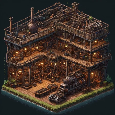 high detail, high quality, dramatic lighting, SFW, PG, detailed background, masterpiece, Graphic details, perfect design, Pixel_Art, Sprite, pixelart, game asset,isometric view, night, rain, steampunk workshop made of gears and copper pipes, jungle, steam coming form pipes