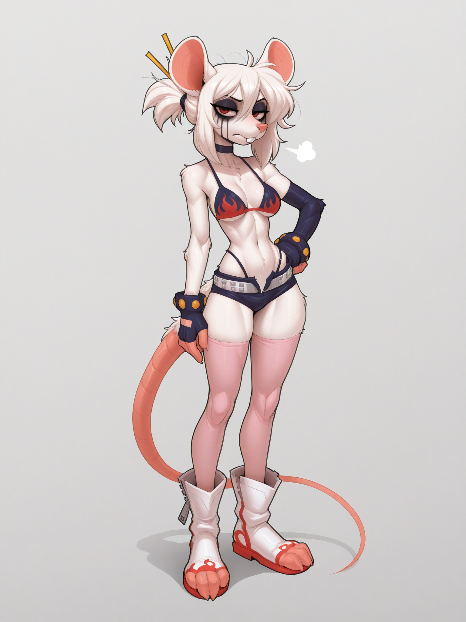 (masterpiece, best quality, newest:1), <lora:Libby_v03_NAIXL:1> L1bby,1girl,solo,furry,furry female,rat girl,rat ears,white hair,messy hair,hair between eyes,short ponytail,red eyes,makeup,bags under eyes,snout,animal nose,buck teeth,choker,body fur,white fur,
simple background,
standing, 
full body, sigh, slightly annoyed, hand on hip, looking at viewer,
yoko littner \(cosplay\),