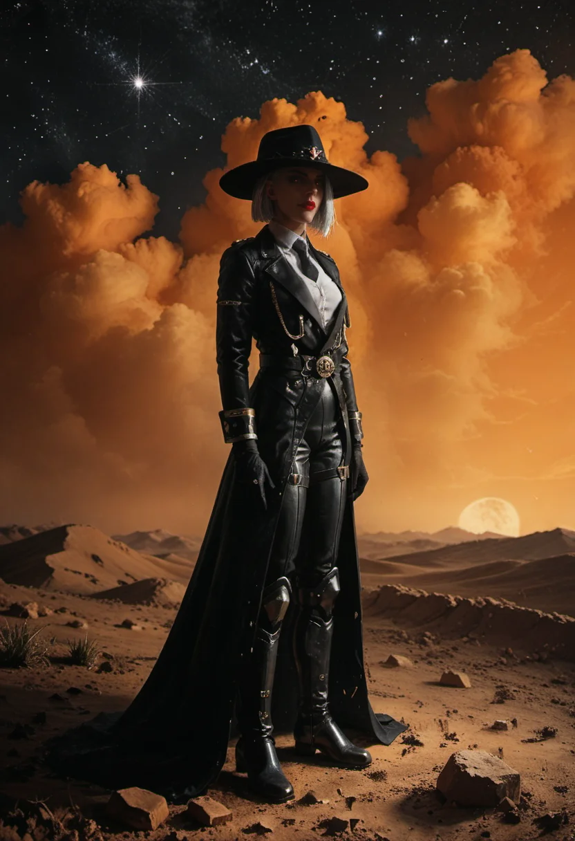 score_9, score_8_up, score_7_up, real life, analog, 1girl. (Ashe), Overwatch Ashe. Beautiful 25 y.o woman in arid shrublands at night. Red eyes with long eyelashes and strong makeup, red lips, straight silver white shoulder-length hair, subtle grin. (red eyes). Tall, fit, muscular and athletic. Wearing black fedora hat, padded leather suit and short leather coat pants and tall boots, leather belts. In desert, ((dark orange clouds)), night. stars, starry sky, <lora:MJ52:0.6>, <lora:sinfully_stylish_SDKL:0.8>, full body view from side, <lora:Desolation:0.8>
