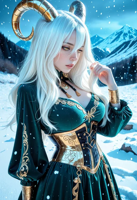 SmoothNoob_Quality, 1girl, solo, gold goat horns, freckles, white hair, long bangs, golden eyes, pale skin, green dress, trimmed dress, ornate clothes, black underbust corset, night, snow, snowing, mountainous horizon, half-closed eyes, parted lips, adjusting hair, breathing, <lora:Smooth_Booster_v3:0.8>