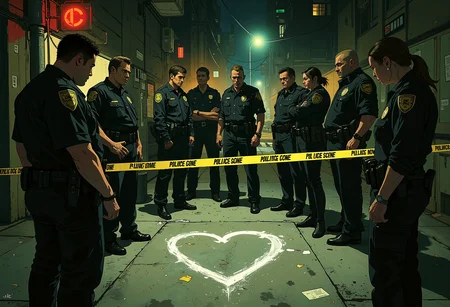 Illustration style, capturing the tense atmosphere of a criminal scene.
At the center of the frame stands a heart-shaped chalk outline, symbolizing the victim's position at the crime scene.
Police officers are gathered around the chalk outline. Their expressions convey seriousness and focus as they investigate the scene.
The crime scene is cordoned off with police tape, creating a distinct boundary between the area under investigation and the outside world. The background highlights the professionalism and dedication of law enforcement as they work together to solve the case. Lighting conditions are likely dim or with spotlights to emphasize the seriousness of the moment.
The scene is set in a typical urban environment outside on a street. The overall atmosphere is tense and serious, fitting the tone of a murder investigation in a criminal movie.
DB4RZ style painting, anime, cyberpunk <lora:Daubrez-DB4RZ:0.3> <lora:cyberpunk_anime_flux:0.5> <lora:Luminous_Shadowscape:0.3>