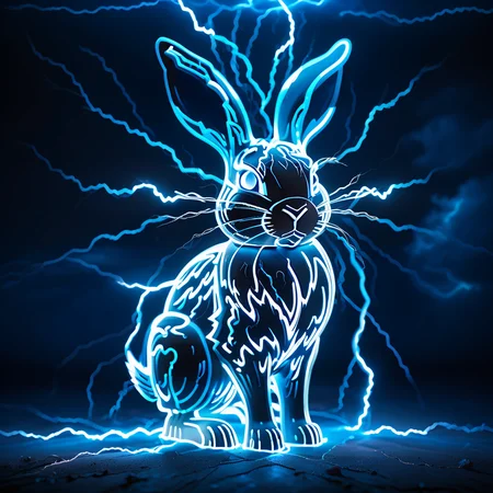 (Masterpiece, high quality, best quality, official art, beauty and aesthetics:1.2),<lora:xl_shanbailing_0927lightning-000010:0.9>,thunder,composed of elements of thunder,no humans,glowing,glowing eyes,blue theme,bunny,