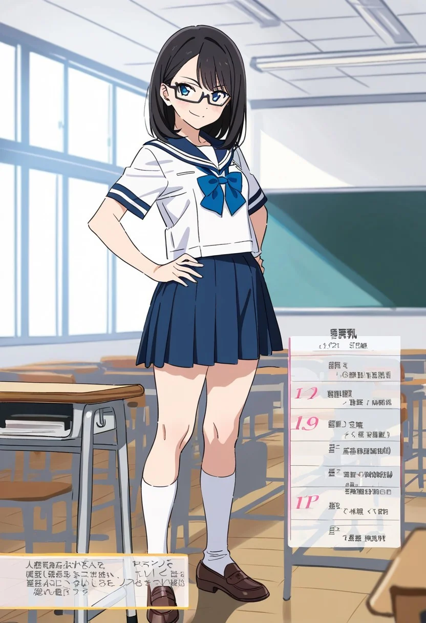 masterpiece, best quality, depth_of_field,
1girl, 18yo girl,
young face, fit body, young body,
small breasts, black hair, side-swept bangs, medium hair, show clavicle,
blue eyes, rectangular glasses,
school uniform(blue sailor uniform, short sleeves, blue skirt,)
white panty, thick thigh,
white socks, brown leather shoes,
serious face, smirk,
magazine shoot, model pose,
classroom,
uncensored,