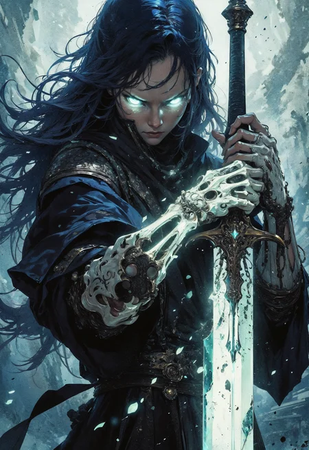 (in Krenz Cushart style:1.2), high-quality, masterpiece, A ghostly swordswoman, her face partially illuminated by the blade of her cracked sword, The camera focuses tightly on her eyes burning with a fierce ghostly light as she prepares to strike, Her breath fogs in the cold air, the faint glow of her skeletal hand grips the sword hilt with fractured armor trailing mist, The blurred battlefield behind her hints at fallen enemies and rising spirits, high contrast, dramatic close-up, motion blur, eerie glow, (elaborate fine details:1.1), (elaborately detailed attire with extraordinary elements:1.1), (hyperdetailed:1.1), (intricate details:1.0), (Refined details:1.1), (best quality:1.1), (high resolution:1.2)