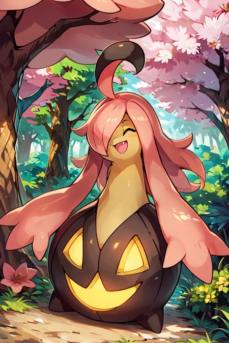 score_9, score_8_up, score_8, no humans, BREAK, , zzGourgeist, solo, pokemon (creature), no humans, ghost, hair over one eye, ahoge, yellow eyes, full body, outdoors, glowing, closed eyes, tree, fang, happy, <lora:Gourgeist_Pokemon_PDXL:0.8>, , BREAK, looking at viewer, ,,, smile, waving, upper body, leaning forward, head tilt, ,,, embedding:zPDXL, Expressiveh, ,,, <lora:CatalystStylePDXL:0.6>, <lora:SDXLFaeTastic2400:0.5>, <lora:Expressive_H-000001:0.4>,