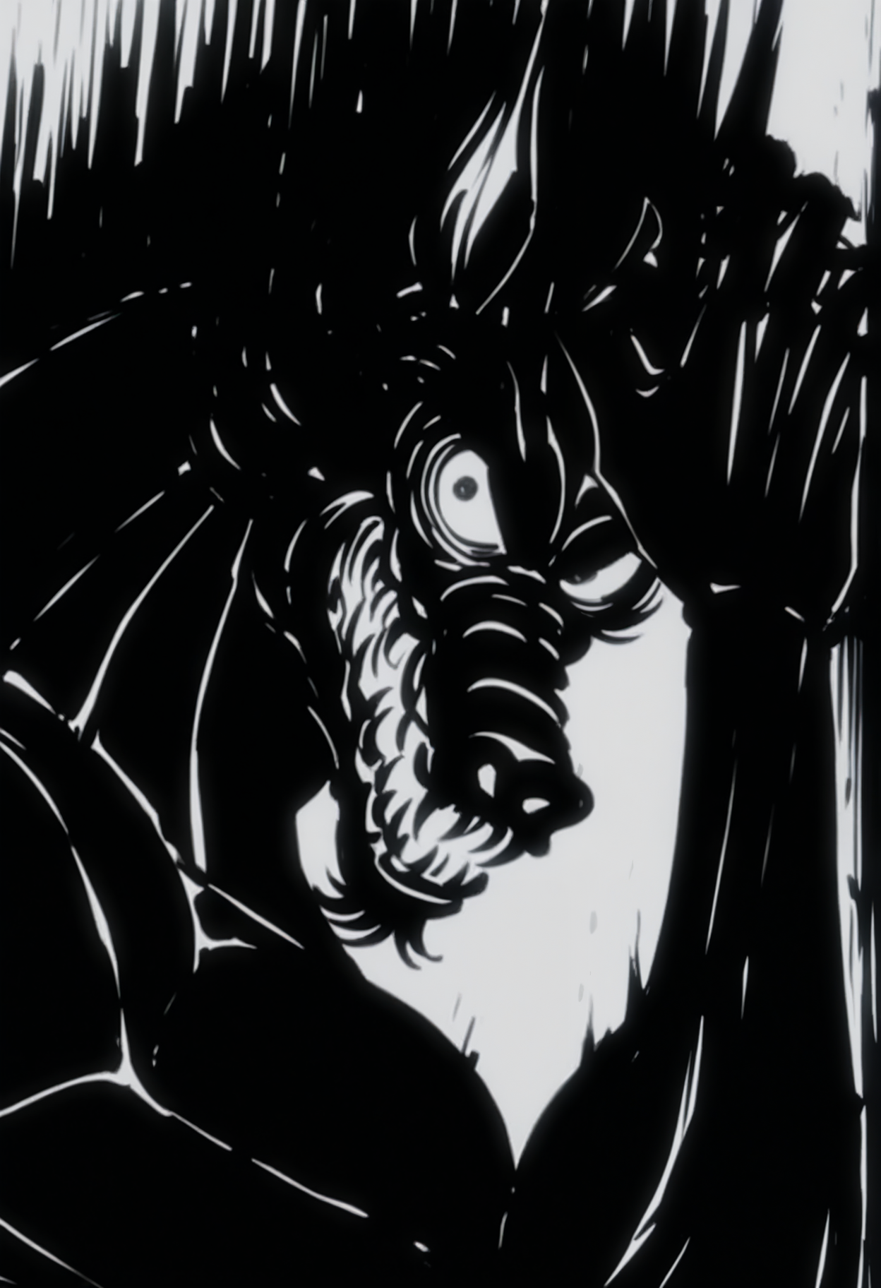 masterpiece,best quality,amazing quality, 1boy, solo, sp1r1t, monster, close up, side angle, ink (medium), smirk,