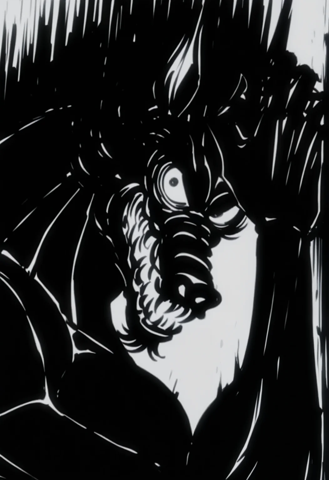 masterpiece,best quality,amazing quality, 1boy, solo, sp1r1t, monster, close up, side angle, ink (medium), smirk,