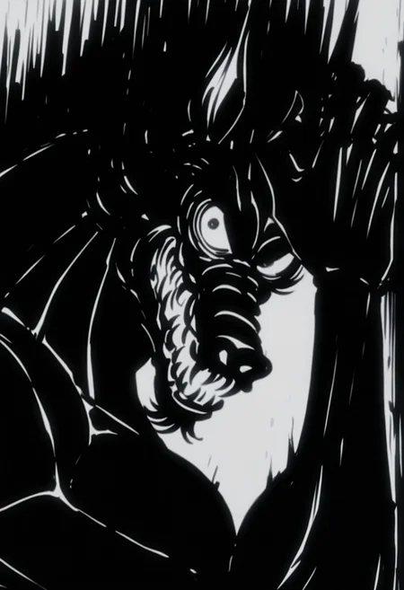 masterpiece,best quality,amazing quality, 1boy, solo, sp1r1t, monster, close up, side angle, ink (medium), smirk,