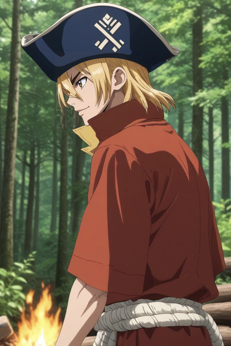 score_9, score_8_up, score_7_up, , rating_safe, intricate details, (3d:0.4), , depth of field, 1boy, solo, male focus, <lora:ryuusui_nanami_pony:0.74>, ryuusui_nanami, blonde hair, brown eyes, hair between eyes, pirate hat, from side, cabin, forest, campfire, indoors, leaning on object, happy, , <lora:sdxl_lightning_8step_lora:1>