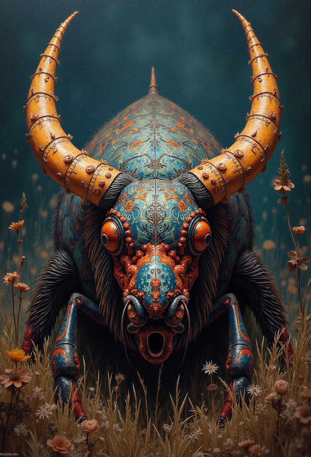 dark art by Otto Marseus van Schrieck,Martin Grelle and Kiki Smith,Painting,a new vw beetle monster truck in cyberpunk style,Still life,flora and fauna,dark palette,intricate details,Western art,cowboy and Native American subjects,sweeping landscapes,nostalgic scenes,atmospheric lighting,Contemporary art,figurative sculpture,themes of femininity and spirituality,positive emotional,vivid colors,complex,perfect symmetry,