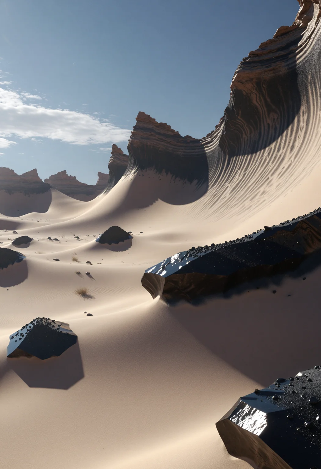 Cg render featuring a warping mirage in a rocky desertscape with black crystal dunes. Tangible fright envelops the air; epic, eyecandy, subsurface scattering    <lora:dmd2_sdxl_4step_lora>