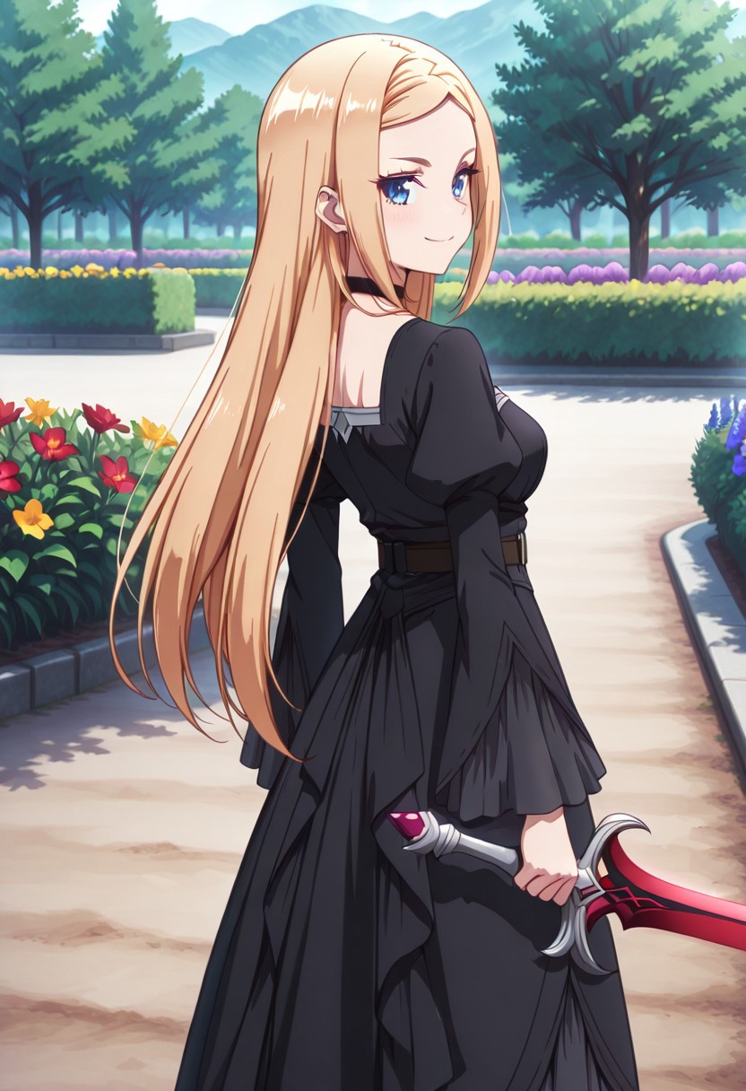 masterpiece, best quality, amazing quality, dynamic view,  solo, dynamic view,  solo, 1girl, masterpiece, best quality, bokeh, luminescent background, 
( elsanotis,, 
 blonde hair, long hair, blue eyes, black choker, sidelocks, small breasts,
, dress, gothic dress, black dress, long sleeves, belt, black boots, jewelry,,
 red sword,, 
 )
solo, from behind, outdoors, garden, flower, red flower, blue flower, purple flower, yellow flower, looking back, smile,
