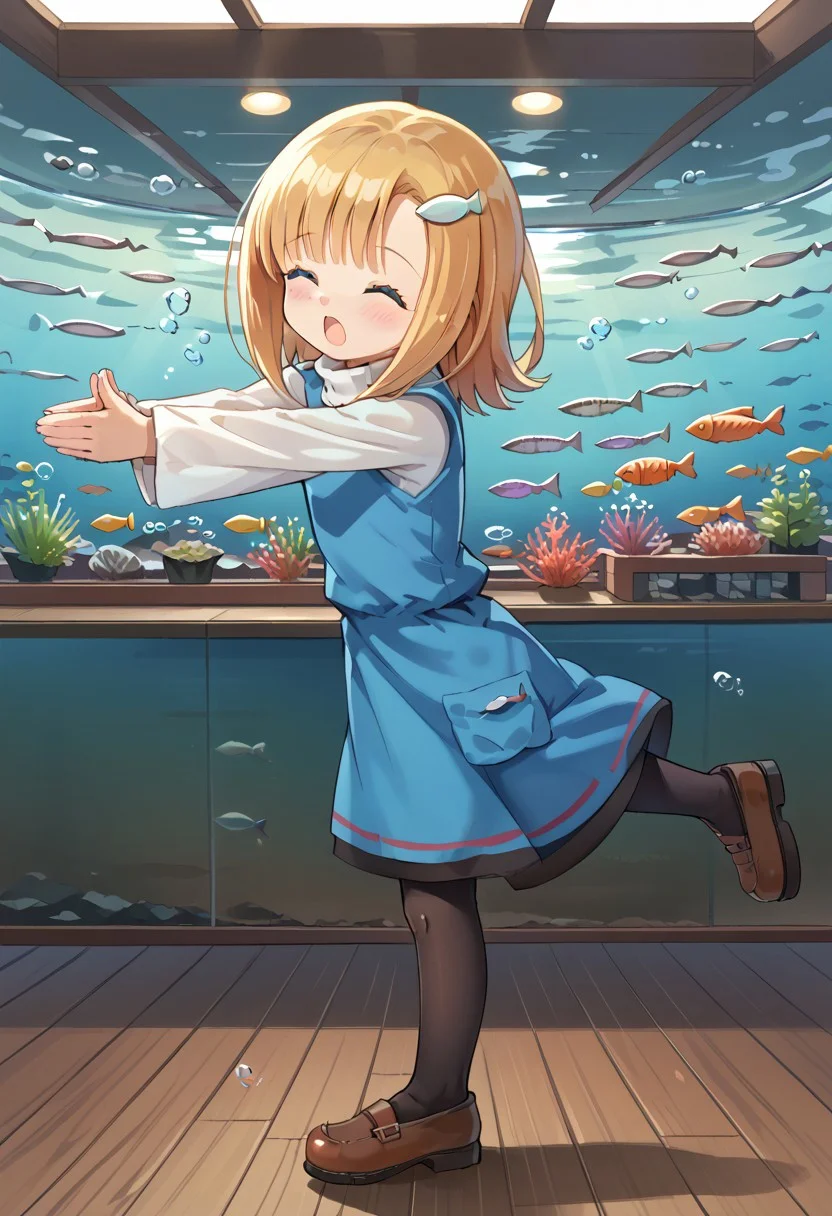 score_8, score_8_up, score_7_up, source_anime, BREAK 1girl, solo, female focus, Mana_GF, Blonde hair, blue eyes, sidelocks, hair ornament, hair clip, fish hair ornament, bangs, blue dress, white turtleneck, turtleneck dress, white sleeves, long sleeves, layered sleeves,, long sleeves under short sleeves, pantyhose, black pantyhose, mary janes, brown footwear, sakana, sakana~ (meme), meme, aquarium, standing on one leg, palms together, fish tank, own hands together, standing, outstretched arms, closed eyes, blush, open mouth,
