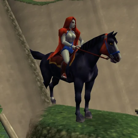 ladydeath on horseback. flat lighting, low resolution, crt scanlines, low poly