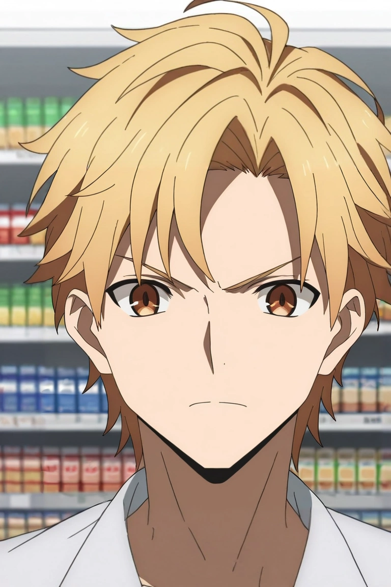zPDXL, score_9, score_8_up, score_7_up, rating_safe, , , depth of field, 1boy, male focus, <lora:haruki_serizawa_pony:0.70>, haruki_serizawa, blonde hair, brown eyes, short hair, solo, close-up, store, convenience store, dark, kneeling, angry, <lora:fate_go_style_pony:0.9>, fate_go_style, , <lora:sdxl_lightning_8step_lora:1>