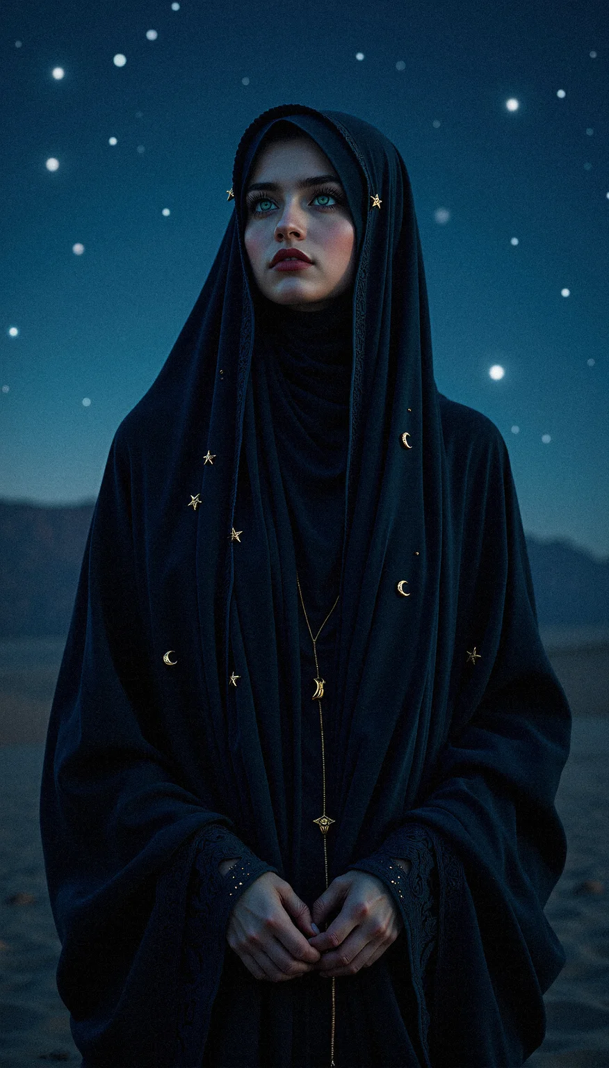 photorealistic image of a hijabi arab woman enveloped in a dark, flowing veil that is adorned with tiny, glowing stars. Her bright light green eyes, the only visible feature, are captivating, glowing softly under the moonlight. The background is a serene night sky filled with shimmering stars and subtle light rays, giving her an almost celestial aura.
a rich, flowing velvet fabric for her abaya that absorbs light, giving her outfit a soft, matte finish.celestial-themed jewelry accents, such as small moon and star charms on her veil and earrings, enhancing the mystical feel.a delicate lace trim with star motifs along the edges of her veil and abaya, highlighting her elegance and modesty.softly glowing hijab pins shaped like stars or moons, securing her veil in place with elegance. gold leaf detailing on her abaya’s borders, reflecting the light and adding a touch of elegance to her outfit.a midnight blue hijab with subtle, woven patterns that resemble constellations, contrasting gently with her dark abaya.Line the inside of her abaya sleeves with a soft, shimmering silk fabric that shows when she moves, adding a luxurious touch.
gentle light rays filtering through the background, adding a sense of depth and illuminating her figure subtly.Highlight the intricate lace detail on her veil with soft lighting, emphasizing its texture and craftsmanship.a faint, silhouetted landscape in the background, such as a distant mountain or sand dune, lightly illuminated by the starlight.
Her facial aesthetics include a soft shadow under her eyes, giving them depth and enhancing her intense gaze.a soft, glossy finish to her lips, making them look hydrated and defined.slight, natural eye bags to add depth and a hint of realism to her serene appearance.a soft highlight under her eyebrows, accentuating their natural arch and shape.
Standing with her hands together in front, head tilted back slightly, looking up with a serene expression.