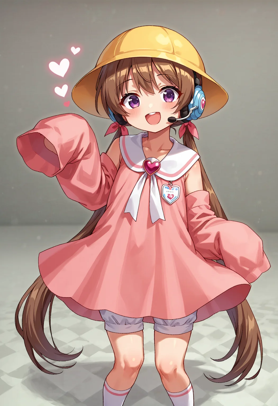score_9, score_8_up, score_7_up, source_anime, BREAK
<lora:TsukiyomiAi_MMD_Pony_V1:0.9> Tsukiyomi_Ai, Purple Eyes, brown hair, very long hair, low twintails, bangs, pink hair ribbon, headset, school hat, yellow hat, 
White neck ribbon, kindergarten uniform, collared dress, frilled collar, pink dress, Heart Brooch, short dress, Sleeveless dress, Heart name tag, 
(off Shoulder), collarbone, sleeves past fingers, pink sleeves, 
cowboy shot,smile, open mouth, fung,flat chest,  close up,