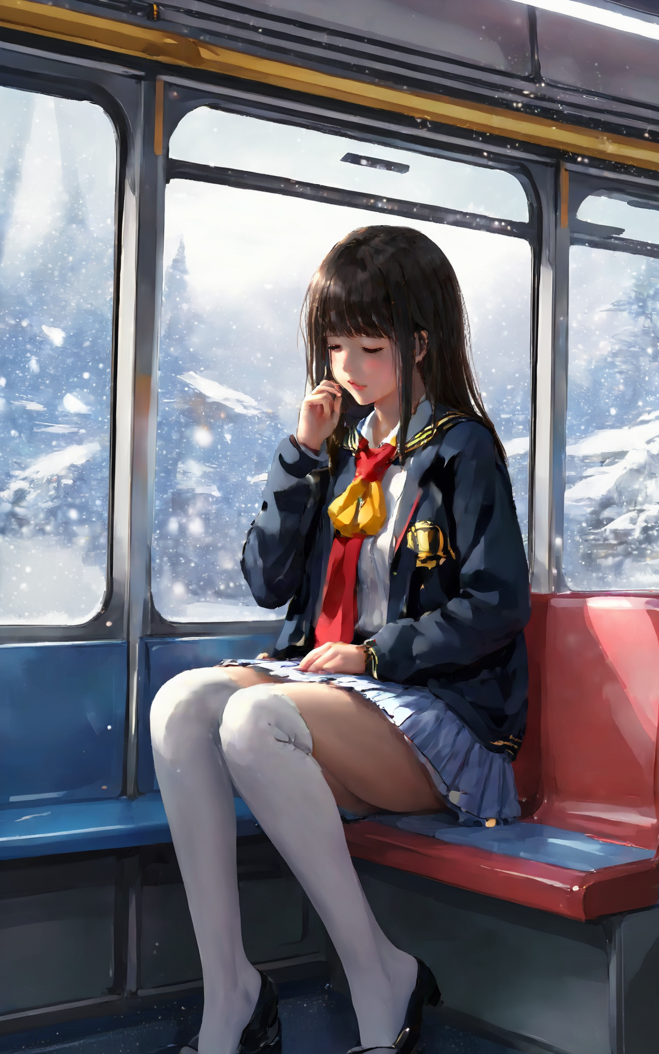 (masterpiece:1.3),(best quality:1.2),8k,absurdres,unity 8k wallpapper,(extremely detailed:1.3),highestres,highres,Amazing,illustration,beautiful studio soft light,stunningly beautiful,incredibly absurdres,vibrant details,cinematic lighting,moody lighting,pixiv,award-winning, professional, highly detailed,perfect detailed face,
transportation_by_window, 1girl, solo, blush, skirt, brown hair, shirt, black hair, thighhighs, long sleeves, holding, hair between eyes, sitting, school uniform, closed eyes, white shirt, pleated skirt, parted lips, serafuku, signature, miniskirt, black skirt, medium hair, sailor collar, scarf, sweater, white thighhighs, zettai ryouiki, neckerchief, window, phone, sleeping, cardigan, cellphone, light particles, smartphone, red neckerchief, reflection, holding phone, red scarf, snowing, train interior, yellow cardigan
 <lora:wlop_v1.1:0.8>