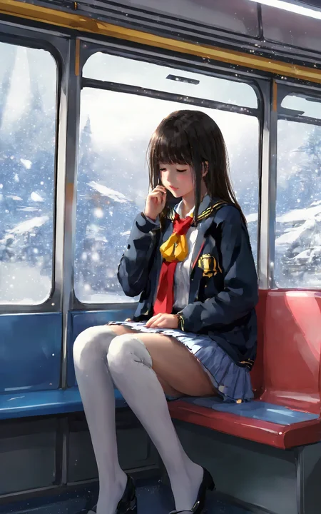 (masterpiece:1.3),(best quality:1.2),8k,absurdres,unity 8k wallpapper,(extremely detailed:1.3),highestres,highres,Amazing,illustration,beautiful studio soft light,stunningly beautiful,incredibly absurdres,vibrant details,cinematic lighting,moody lighting,pixiv,award-winning, professional, highly detailed,perfect detailed face,
transportation_by_window, 1girl, solo, blush, skirt, brown hair, shirt, black hair, thighhighs, long sleeves, holding, hair between eyes, sitting, school uniform, closed eyes, white shirt, pleated skirt, parted lips, serafuku, signature, miniskirt, black skirt, medium hair, sailor collar, scarf, sweater, white thighhighs, zettai ryouiki, neckerchief, window, phone, sleeping, cardigan, cellphone, light particles, smartphone, red neckerchief, reflection, holding phone, red scarf, snowing, train interior, yellow cardigan
<lora:wlop_v1.1:0.8>