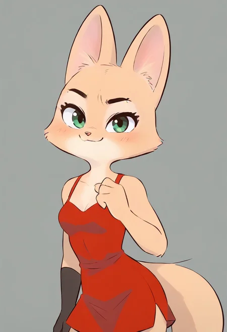 1girl, Diane Foxington, emerald eyes, cute fox, furry, medium breasts, anthro, head ornament, red dress, short dress, cut dress, smirk