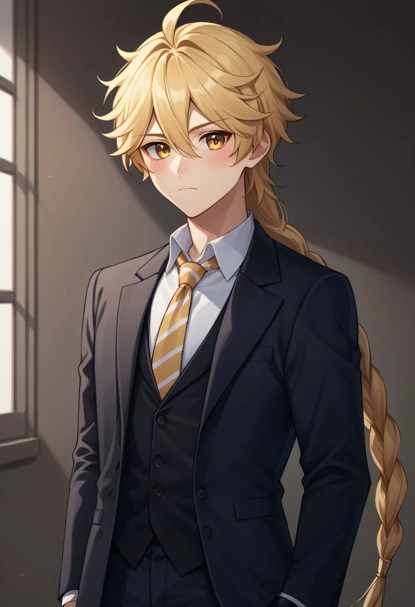 score_9, score_8_up, score_7_up, source_anime, highly detailed,
traveler, 1boy, male focus, solo, blonde hair, long hair, bangs, hair between eyes, braid, single braid, ahoge, yellow eyes, jewelry, single earring, formal. suit, jacket, black jacket, shirt, white shirt, collared shirt, necktie, frown, blush,
indoor,