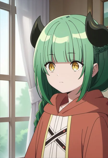 score_9, score_8_up, score_7_up, source_anime, valefor, green hair, long hair, yellow eyes, braid, demon horns, 1girl, horns, solo, window, anime coloring, closed mouth, curtains, indoors, blunt bangs, looking outside, upper body, hood