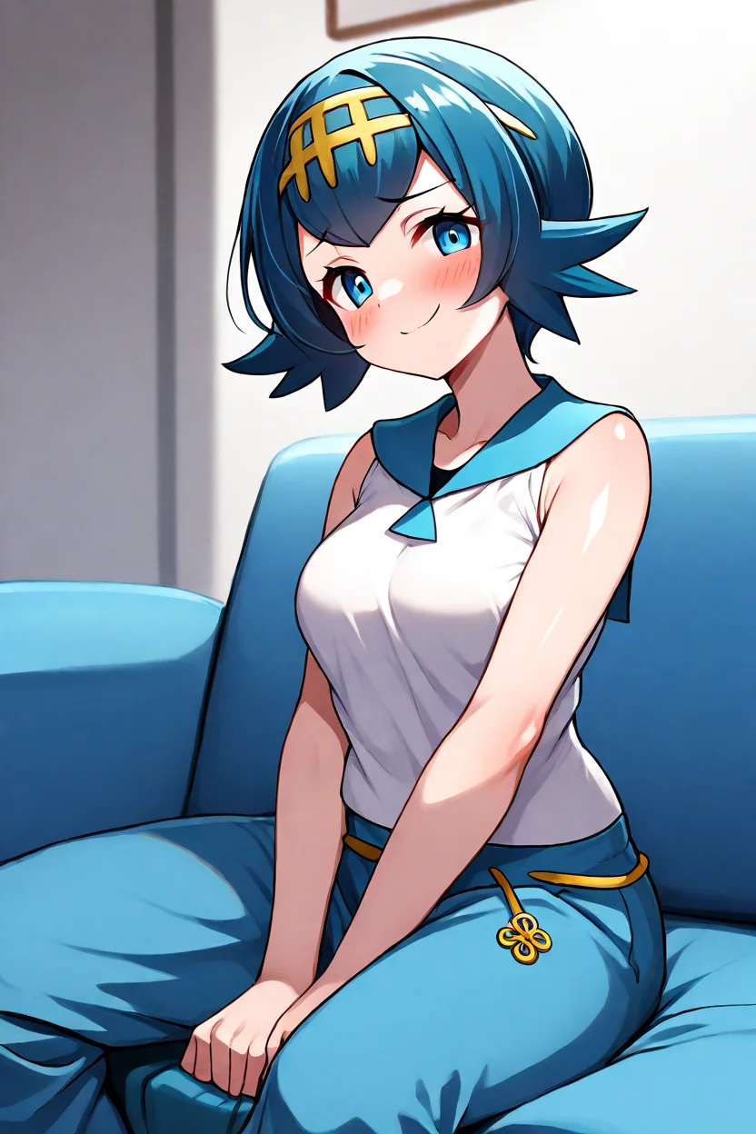 masterpiece, best quality, absurdres, medium breasts, (curvy), cute, eyelashes, vivid colors, BREAK, ,,, zzLana, yellow hairpiece, white shirt, sleeveless shirt, sailor collar, blue pants, baggy pants, <lora:LanaPokemonIXL_e06:1.0>, ,,, spreading legs, hand on lap, blush, smug, ,,, smile, looking at viewer, blush, blurry, couch, sitting, shiny skin,