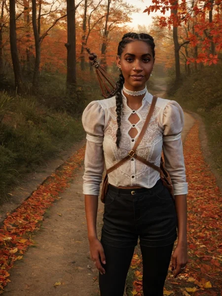 embedding:Stable_Yogis_Illustrious_Positives, 1girl, solo, Hazel, dark skin, standing, slight smile, dynamic pose, black hair, single braid, hair ornaments, nose piercing, choker, white shirt, puffy sleeves, distaff, freckles, black shorts, black leggings, natural lighting, outdoors, autumn leaves, forests, path