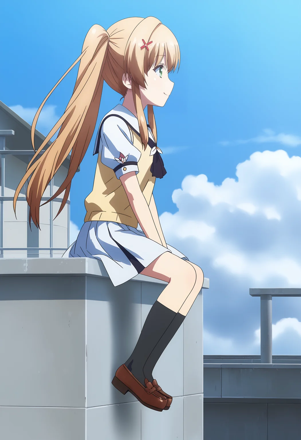 Tsumugi Wenders,1girl,solo,school uniform,black socks,socks,skirt,sitting,floating hair,day,sky,short sleeves,cloud,brown footwear,twintails,shoes,blue sky,puffy sleeves,outdoors,sweater vest,yellow sweater vest,miniskirt,kneehighs,from side,loafers,white skirt,puffy short sleeves,ascot,black ascot,smile,white shirt,closed mouth,pleated skirt,profile,shirt,ponytail,looking afar,sailor collar,full body,very long hair,sidelocks,rooftop,
<lora:Tsumugi Wenders_pony-000036:1>