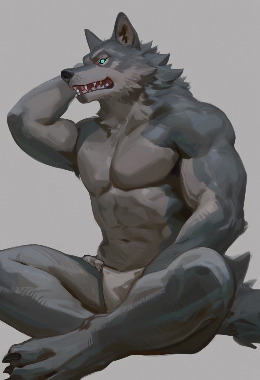 Anthro muscular wolf, full body sitting pose, confident smile, sharp ears, short gray and light gray fur with subtle texture, clean lineart featuring bold line variation, semi-realistic shading combining flat colors and delicate gradients, detailed expressive eyes with visible sharp teeth, strong and well-defined muscular anatomy, relaxed natural sitting posture, soft natural lighting with gentle shadows, male furry, solo, harmonious natural color palette, clear and minimalistic background, sketch, flat color