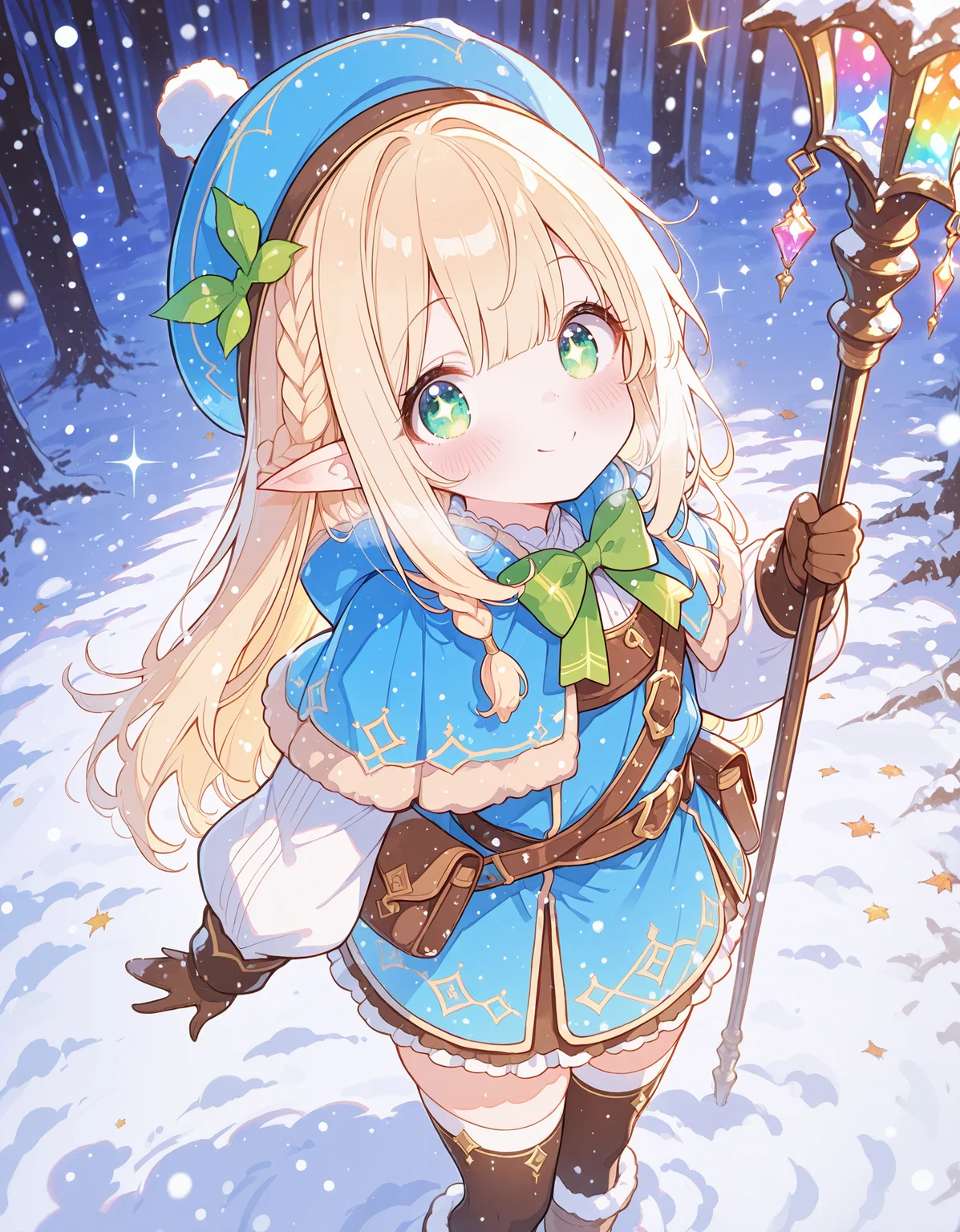 masterpiece, best quality, newest, highres, absurdres, <lora:Bright_style:1>,Bright_illu, 1girl, green eyes, solo, pointy ears, blonde hair, smile, long hair, hat, thighhighs, blue headwear, blush, green bow, braid, bow, snowing, long sleeves, looking at viewer, closed mouth, snow, bangs,bright_light,colorful, sparkle, sparkling eyes, dappled sunlight, light particles,