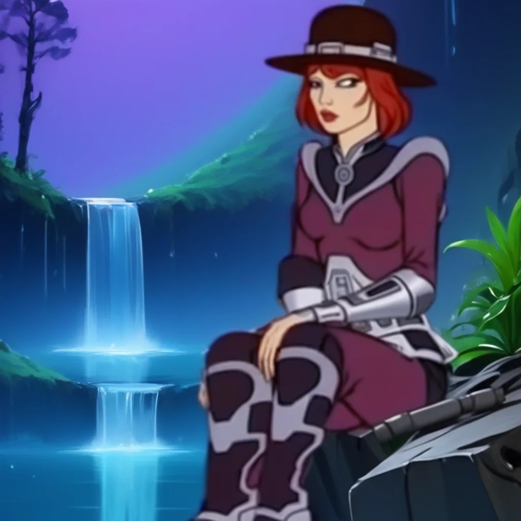 purple background, red hair, sitting, water, standing, forest, bag, outdoors, book, black headwear, waterfall, moon, mountain, mecha, looking at viewer, boots, crystal, short hair, robot, gun, brown round hat, cowgirl, 1boy, blue eyes, plant, lips